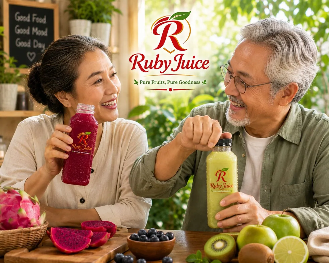 Dua orang menikmati jus cold-pressed Ruby Juice dengan buah naga, kiwi, dan apel segar